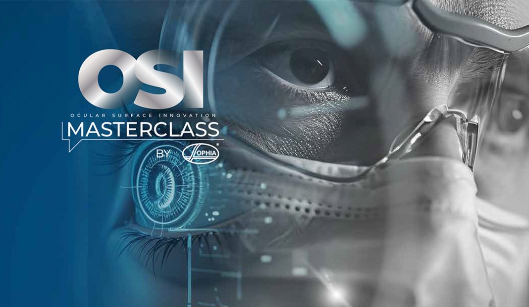 Eye with protective goggles and a blue digital overlay, featuring the OSI Masterclass branding (Ocular Surface Innovation) by SophiaCmds.