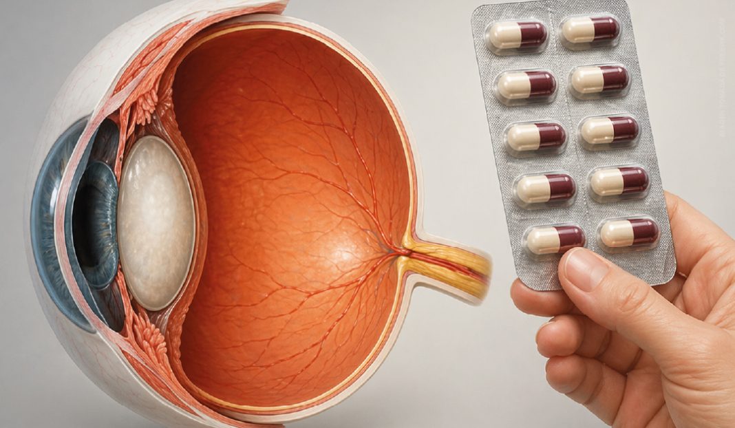 Cross-section of the human eye showing retina, lens, and optic nerve, with a hand holding a blister pack of capsules.