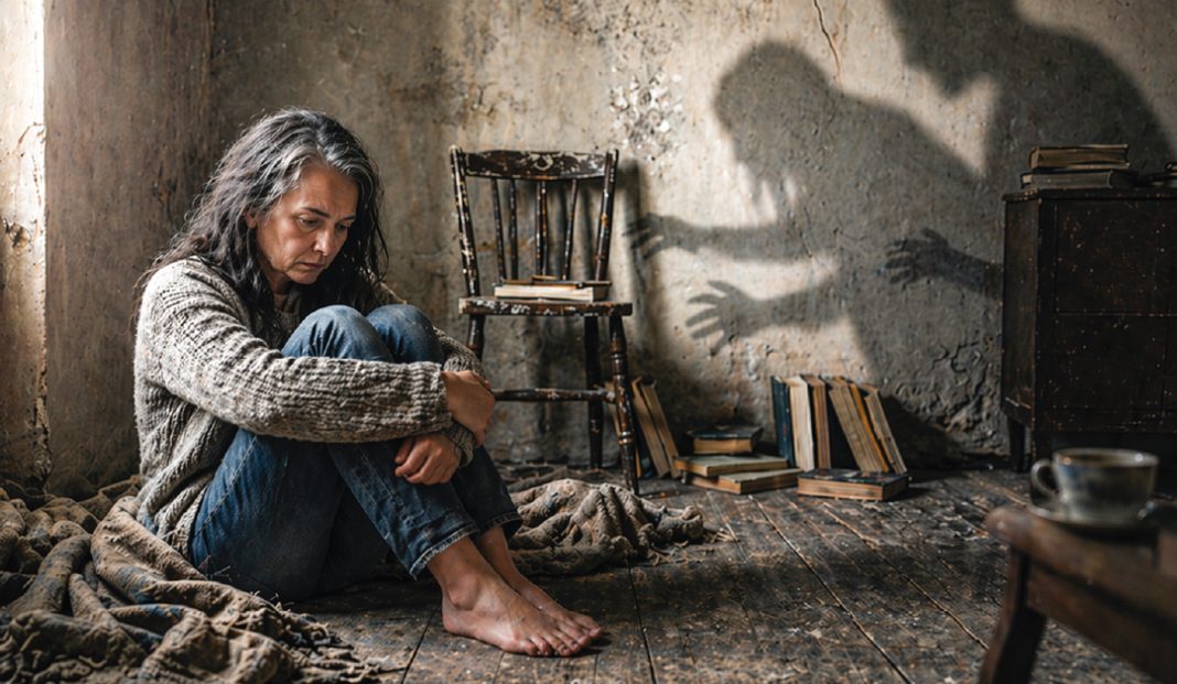 A distressed older woman sits on a dusty wooden floor, arms wrapped around her knees, barefoot, with a blanket and scattered books as shadowy hands loom on the wall behind her.