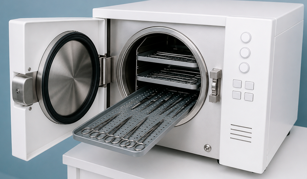 Autoclave with the door open, a perforated tray of sterilization instruments extending out. Inset: dental/scalpel-like tools lined up for sterilization.