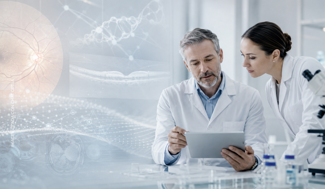 Two scientists in white lab coats review data on a tablet in a bright lab with digital research graphics overlay, left-side eye imagery visible in the background.