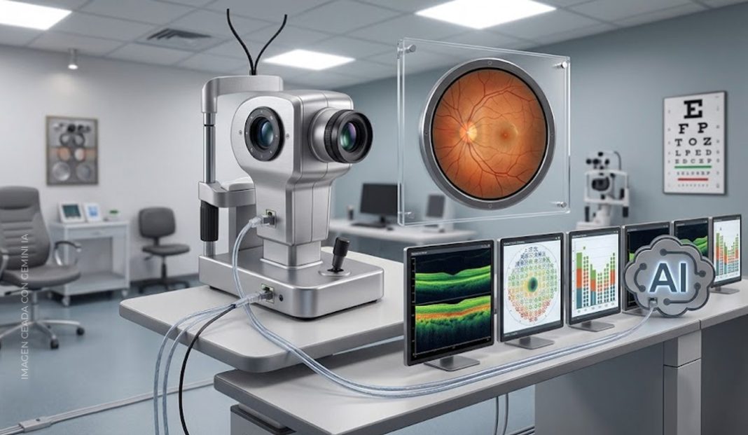 Ophthalmology imaging station with a retinal camera on a stand, glass panel, and multiple monitors showing eye scans.