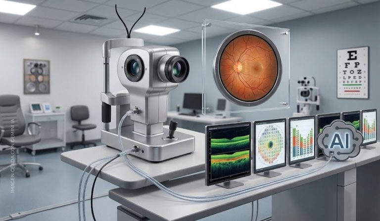 Ophthalmology imaging station with a retinal camera on a stand, glass panel, and multiple monitors showing eye scans.
