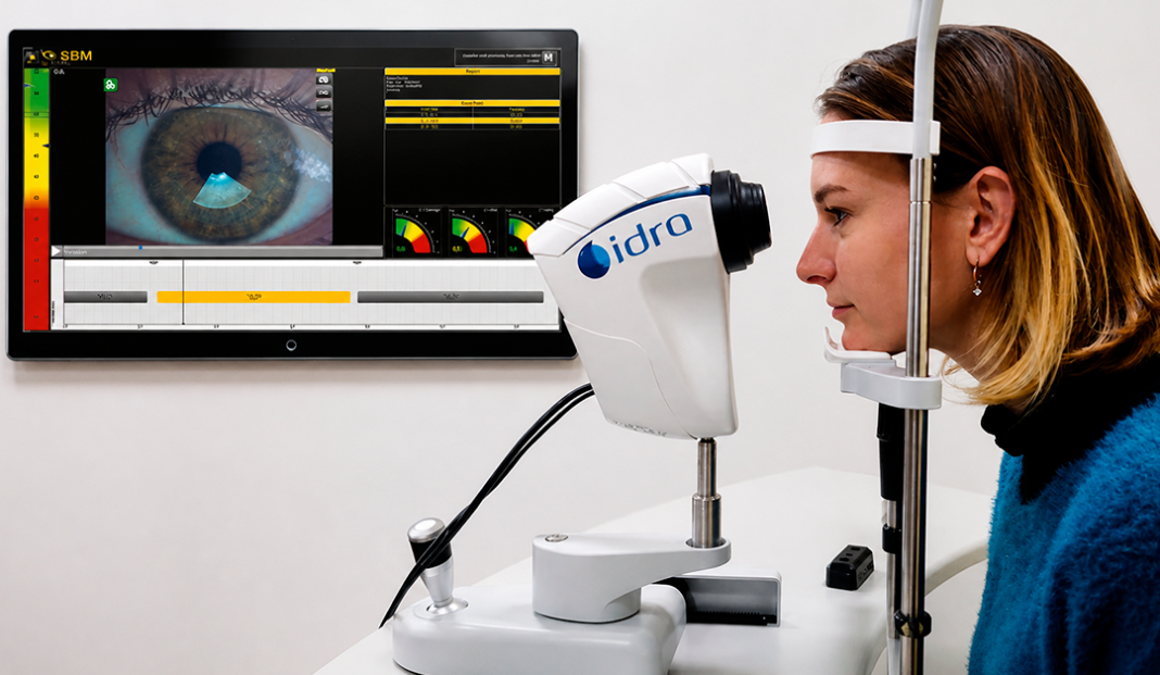 Woman undergoes an eye exam with a diagnostic instrument and a monitor showing an enlarged eye image and test data, on the wall.