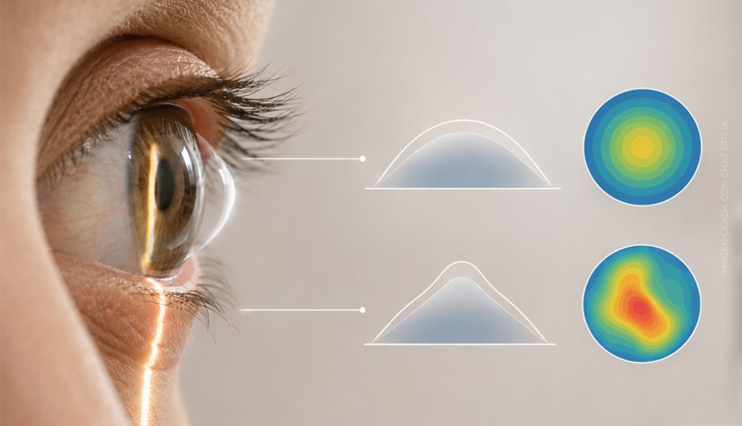 Close-up of an eye with refractive diagrams: curved surfaces and rainbow color maps showing corneal topography for vision correction clarity.