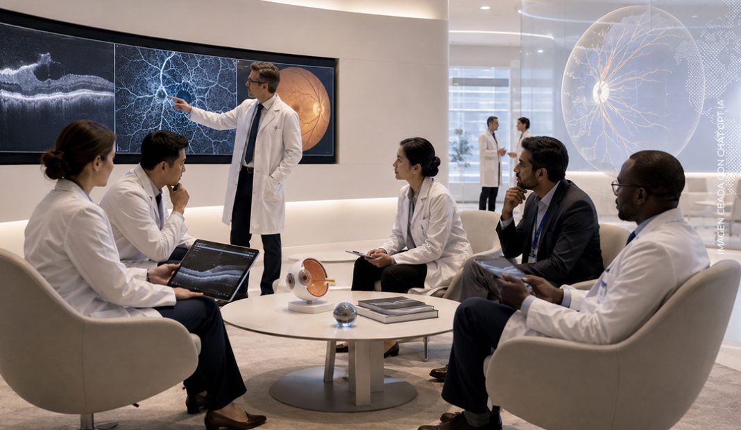 Medical team in a modern lounge reviewing brain scans on large wall screens and discussing patient care