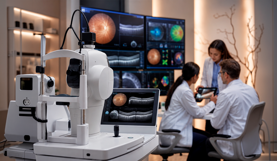 Ophthalmology clinic with retinal imaging device and multiple monitors displaying eye scans; three clinicians review findings on tablets.