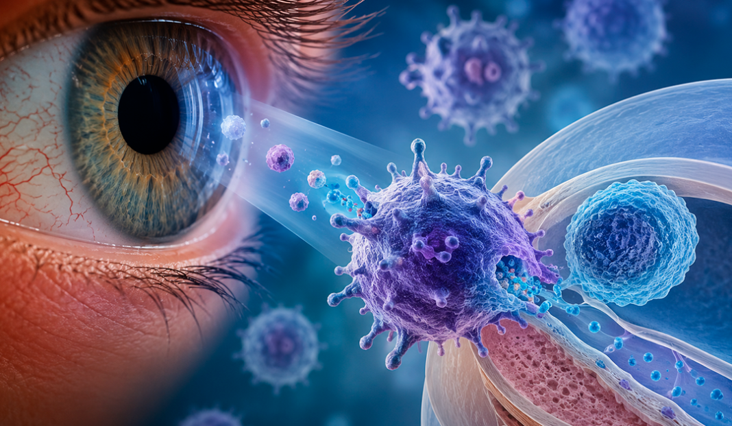 Close-up of a human eye with colorful virus particles approaching the cornea, illustrating infection risk.