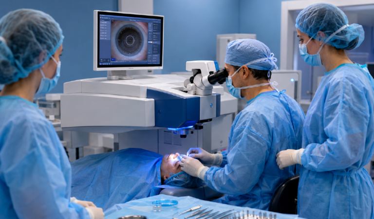 Surgeons in blue scrubs and masks perform eye surgery using a microscope; monitor shows a close-up of an eye.