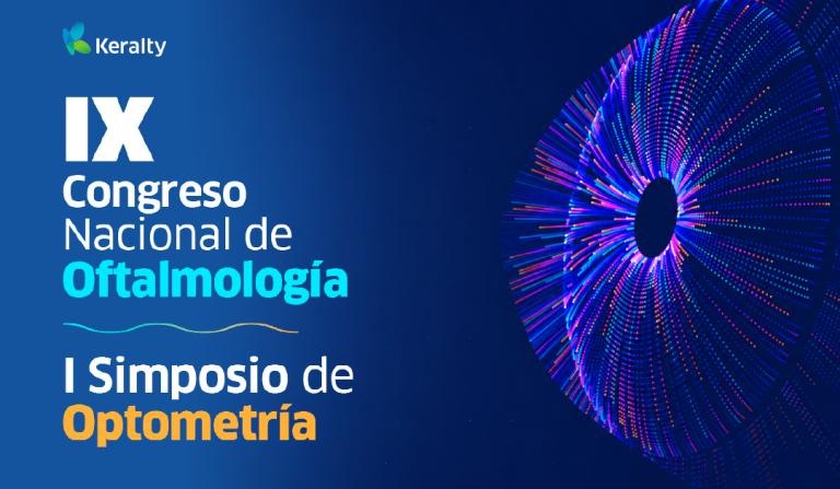 Poster for IX Congreso Nacional de Oftalmología and I Simposio de Optometría, with a blue gradient background and a bright circular neon light pattern on the right side.