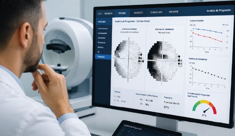Researcher examining a monitor with progression analysis charts; MRI machine visible in the background.