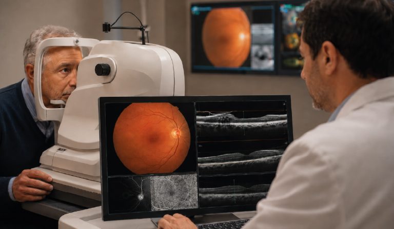 Ophthalmologist performs retinal imaging with a scanning device; monitor shows a fundus photo and OCT scans of the eye.