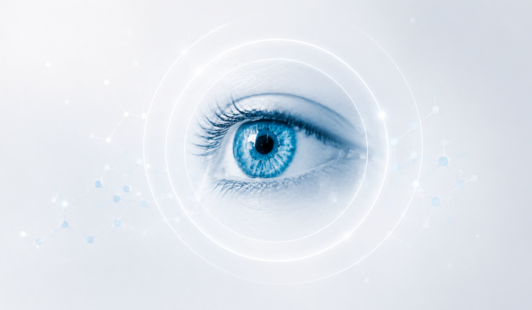 Blue eye with concentric rings and network-like nodes, symbolizing vision technology