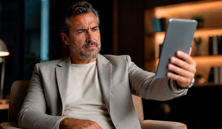 Man in a light blazer seated on a sofa, looking at a tablet held out in front for a selfie/video call in a warmly lit living room.