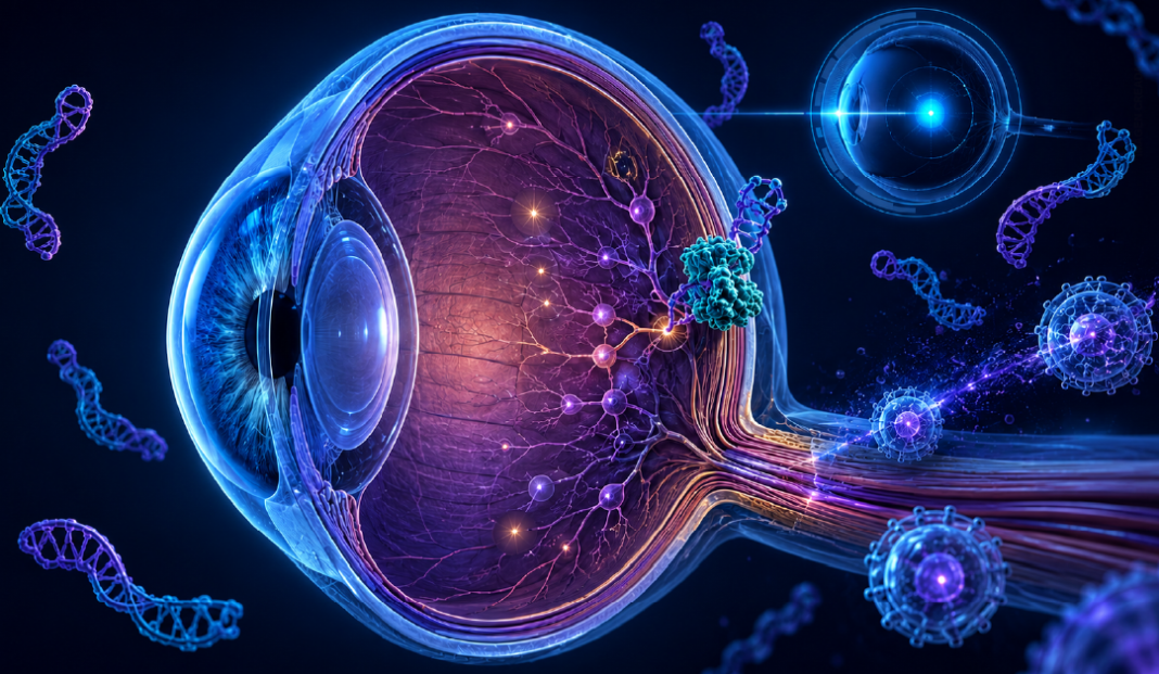 Cross-section of a human eye showing optic nerve fibers and glowing neural connections, set against a blue-purple background.