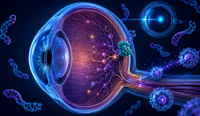 Cross-section of a human eye showing optic nerve fibers and glowing neural connections, set against a blue-purple background.
