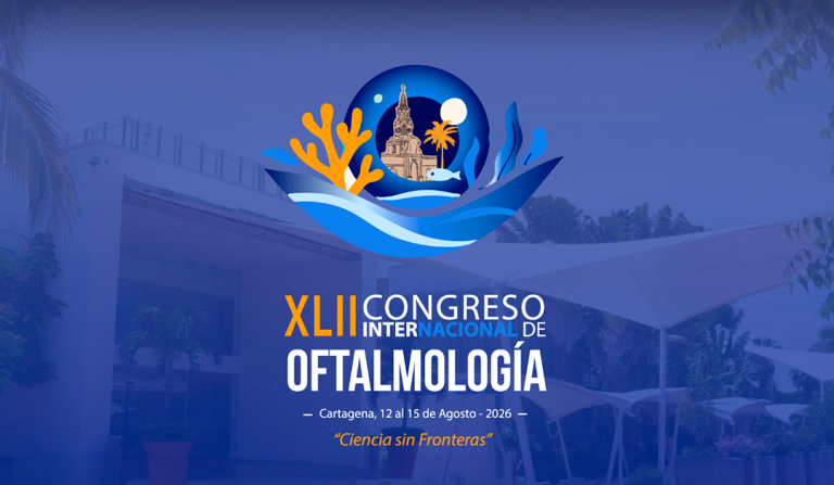 Conference banner for the XLII International Congress of Ophthalmology, Cartagena, Aug 12–15, 2026, with a blue circular logo featuring waves, coral, and a coastline.