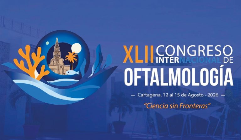 Banner announcing the XLII Congreso Internacional de Oftalmología in Cartagena, August 12–15, 2026, with the theme 'Ciencia sin Fronteras'