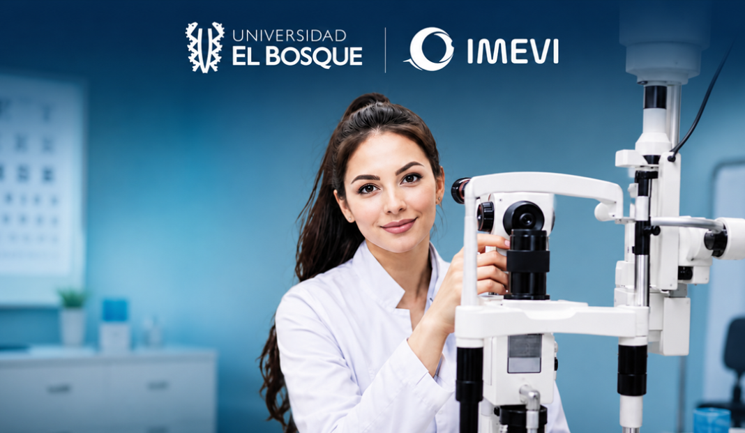 Female scientist in a white lab coat adjusts a slit lamp in a blue-toned laboratory backdrop with university and institute logos nearby.