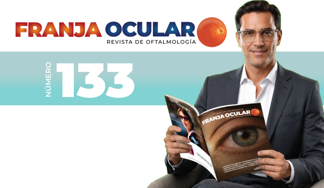 Man in a suit reading an open magazine titled Franja Ocular, with a large 133 cover in the background and the logo at top.
