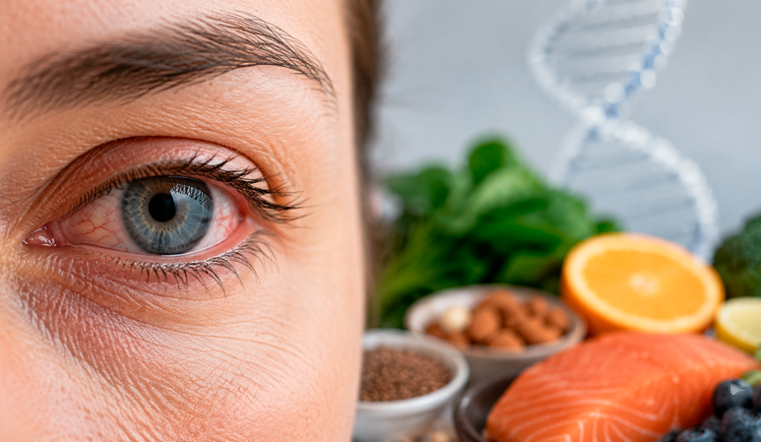 Close-up of a blue eye on the left with a background of healthy foods (salmon, citrus, greens, nuts) suggesting eye health and nutrition.