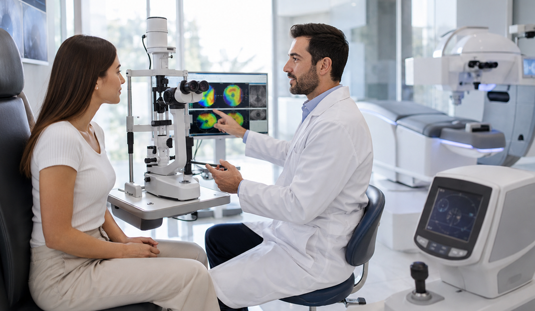 Ophthalmologist performs an eye exam on a patient using a slit lamp; color eye scans displayed on a monitor.”,