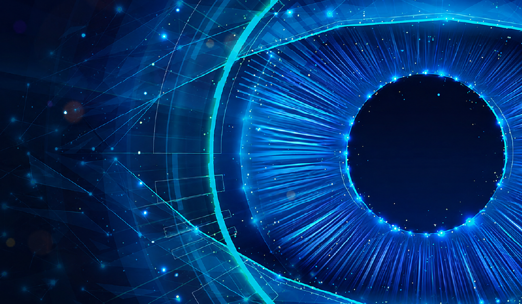 Abstract blue digital sphere with radial light lines forming a circular energy ring against a dark background