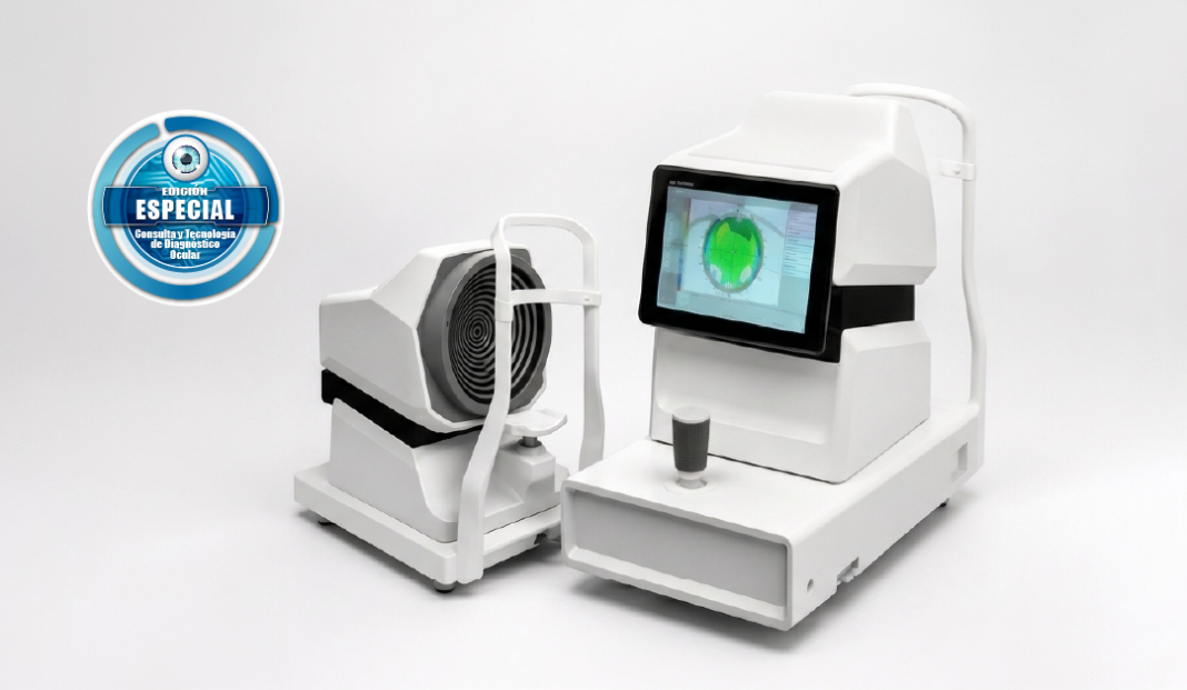 Ophthalmic imaging system with a touchscreen monitor displaying a green retinal image beside a circular scanning head on white hardware.
