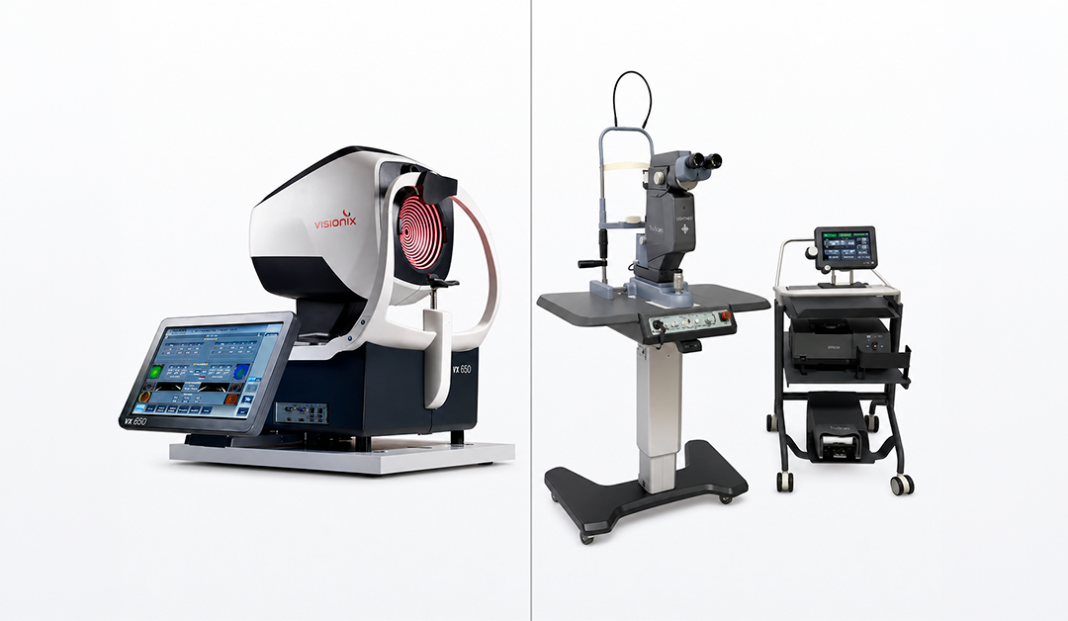Ophthalmology diagnostic setup showing a large Visionix VX650 machine on the left and a slit-lamp examination station with a mobile cart on the right.