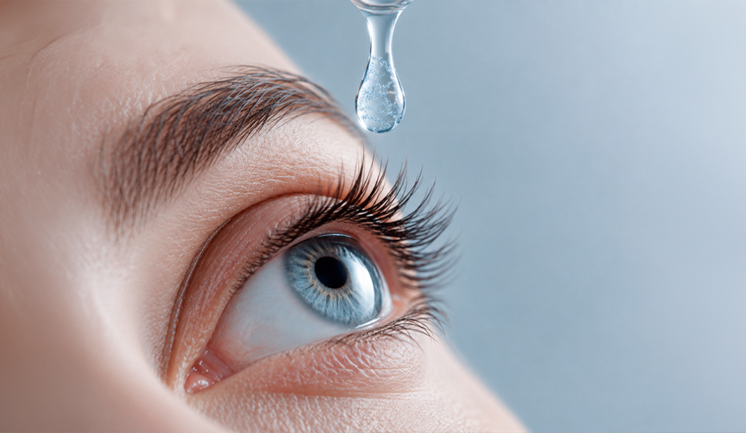 Close-up of a blue eye as a drop of liquid hangs from a dropper above the eye, ready to drop for eye care.