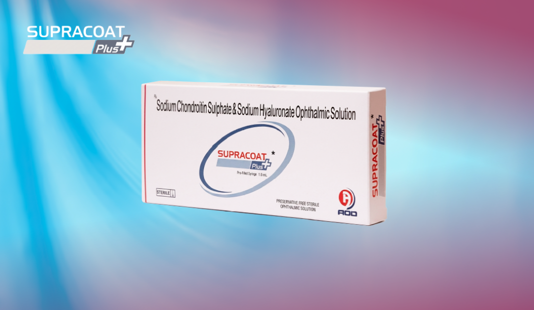White pharmaceutical box labeled 'Sodium Chondroitin Sulphate & Sodium Hyaluronate Ophthalmic Solution' with SupracOAT Plus branding on a blue-pink gradient background