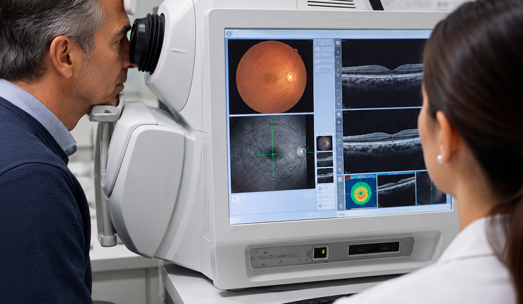 Optometrist operating a retinal imaging device, screen showing eye fundus photo and OCT scans.