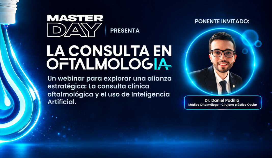 Promotional banner for a Master Day ophthalmology webinar; features guest Dr. Daniel Padilla and blue neon graphics.