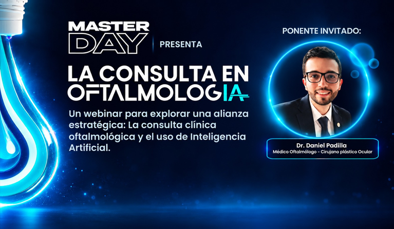 Promotional banner for a Master Day ophthalmology webinar; features guest Dr. Daniel Padilla and blue neon graphics.