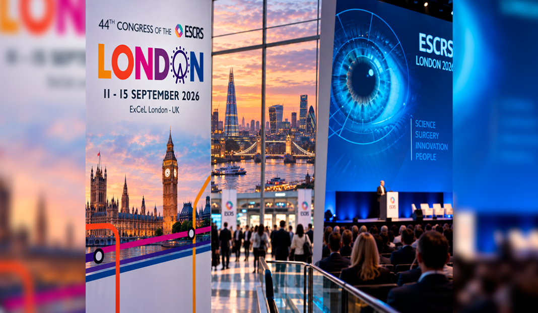 Conference signage reads LONDON (11-15 September 2026) at ExCeL London with a skyline backdrop; crowded conference foyer nearby and a stage in the distance.