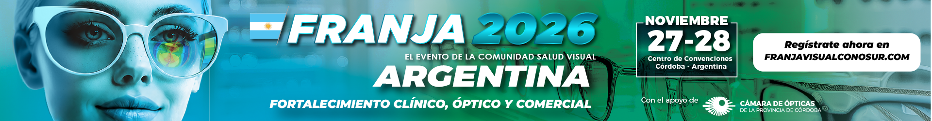 Hero banner for Franja 2026 Argentina health-vision event; close-up of a person wearing glasses with blue-green tones and event dates in Córdoba (Nov 27–28).
