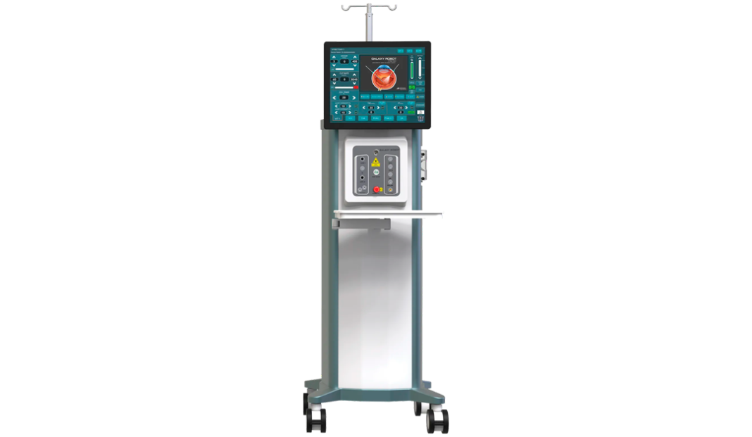 Portable medical ventilator on a wheeled mobile cart with a large touchscreen display