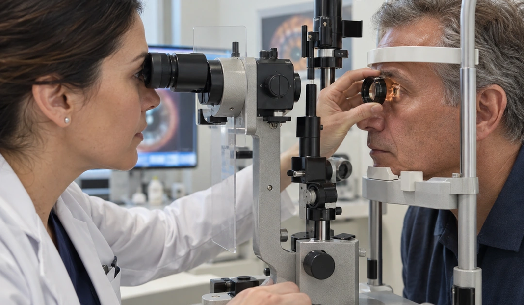 Female clinician using a slit lamp to examine an older man's eye during an eye exam.