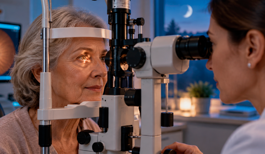 Optometrist uses a slit-lamp microscope to examine an elderly woman's eye during a clinic eye exam.