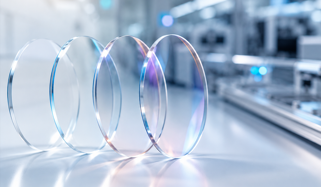 Three circular glass optical lenses standing upright on a gleaming lab bench, with blue-pink reflections in a high-tech setting.