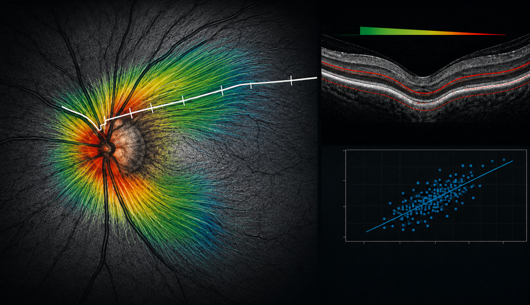 Colorful close-up of an eye with a retinal map and three diagnostic panels showing OCT scan and a scatter plot, illustrating eye health research