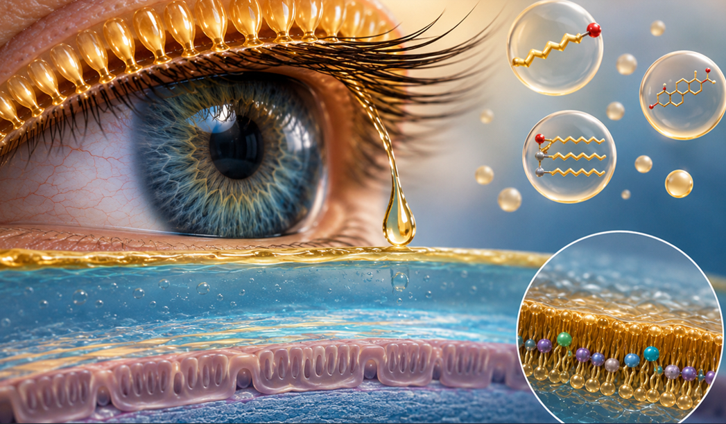 Close-up of a blue eye with a tear on the tear film, plus a cross-section of a lipid bilayer illustrating the ocular surface.