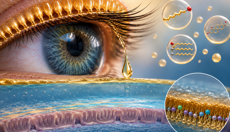 Close-up of an eye with a tear forming on the tear film, revealing eye anatomy at the surface and a magnified cell membrane inset on the bottom right.