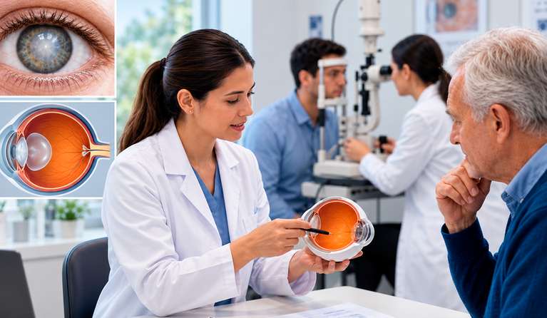 Eye doctor explains eye anatomy using a model to a patient during an eye exam in a clinic setting.