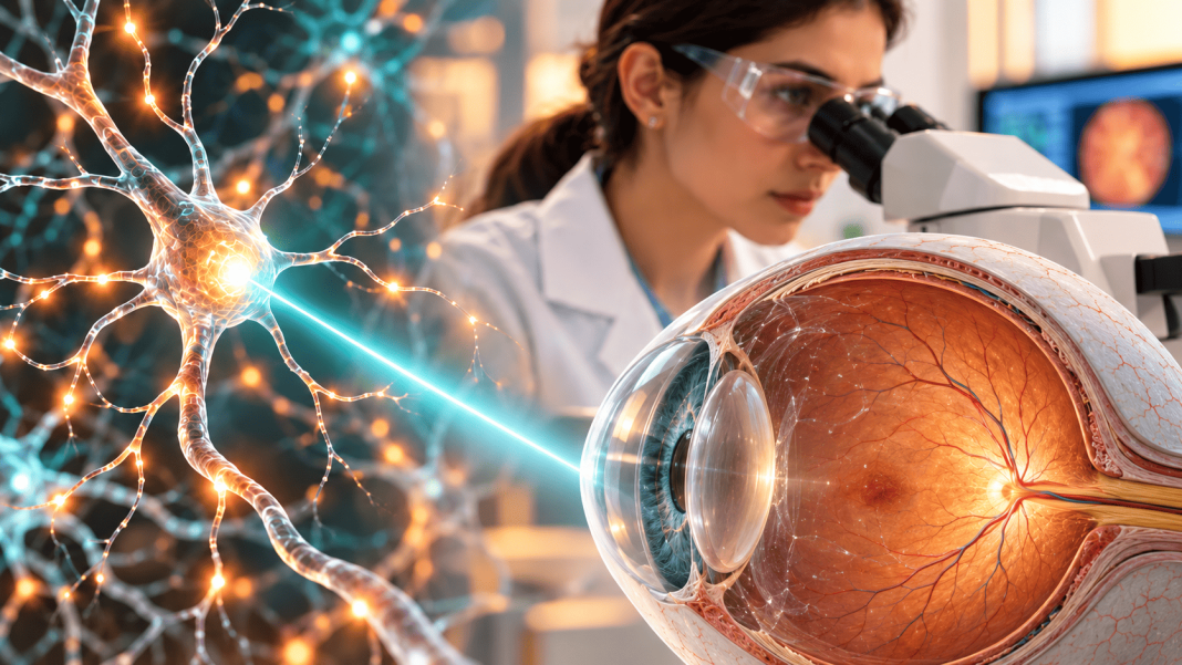 Scientist using a microscope to study neural activity and eye anatomy, with a glowing neuron and laser beam in the foreground