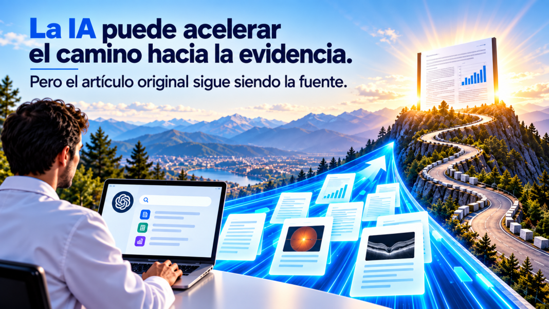 Person working on a laptop as floating documents stream toward a glowing report on a hill, symbolizing AI speeding up evidence.