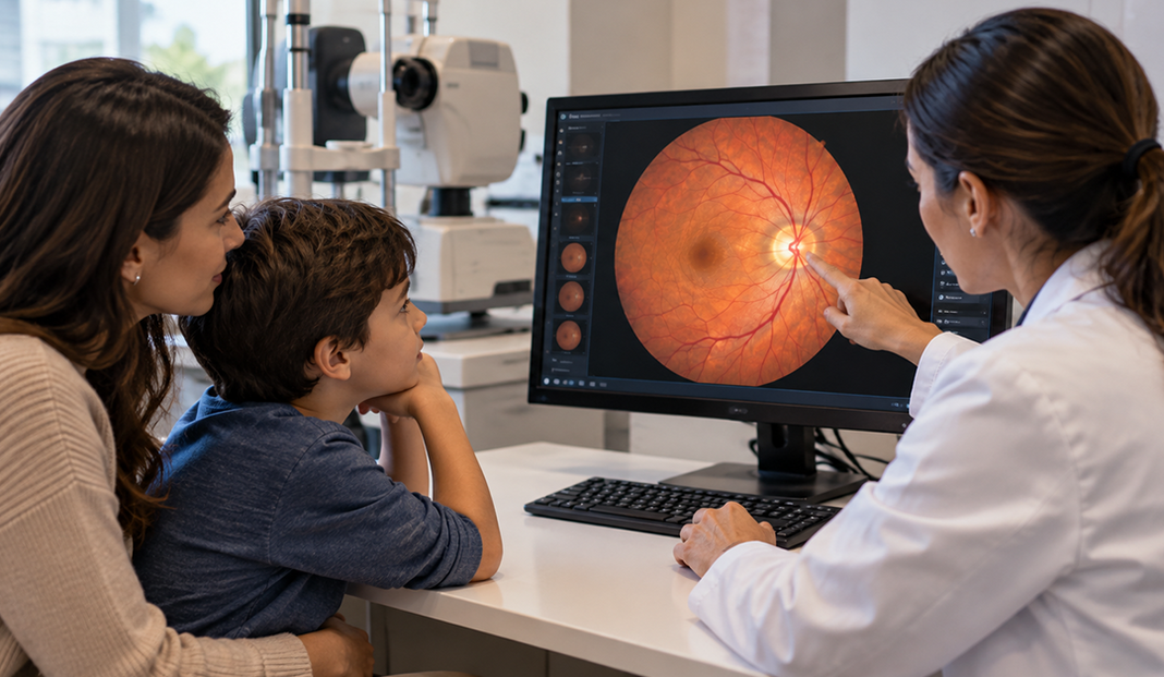 Doctor explains a retinal fundus image on a computer monitor to a mother and her son.
