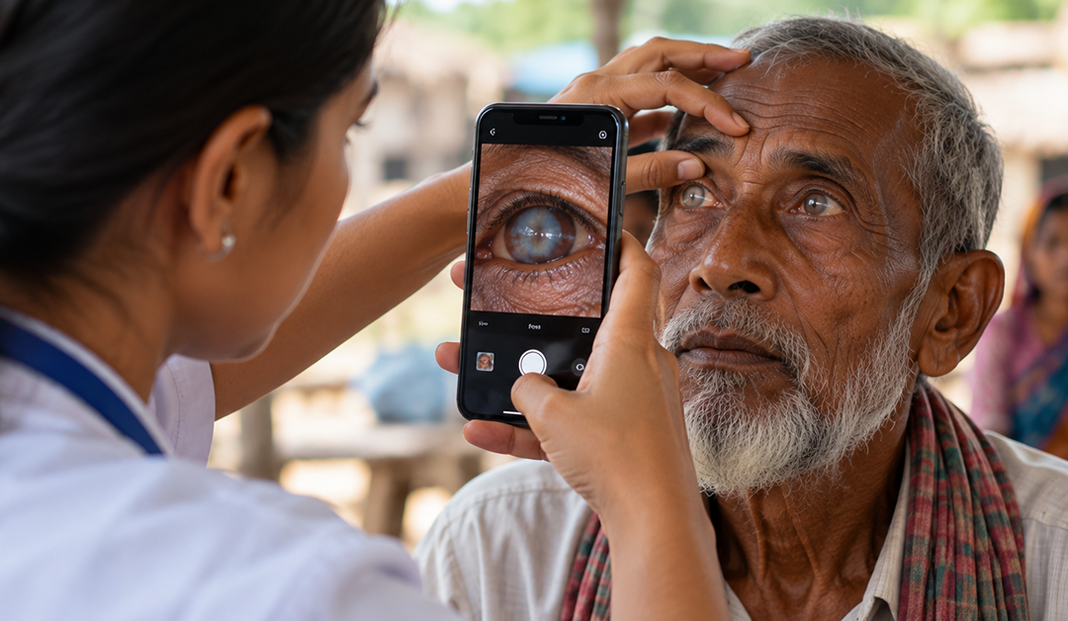 Healthcare worker photographs an elderly man's eye with a smartphone during a checkup outside.