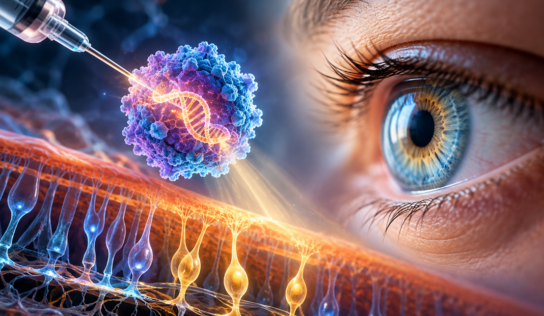 Close-up of a human eye with a sci‑fi illustration of a syringe delivering glowing DNA toward a cell in sight.