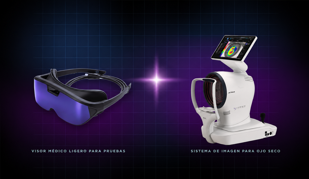 Left: lightweight medical test visor; right: eye-imaging device with touchscreen monitor on top.